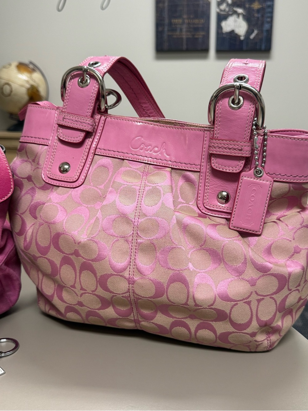 2010 Coach Pink Soho Signature Canvas Tote with Leather Trim